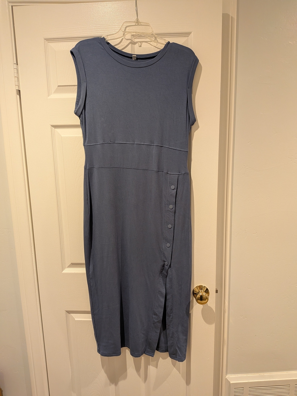 Sleeveless Slate Blue Midi Dress with Side Button Detail